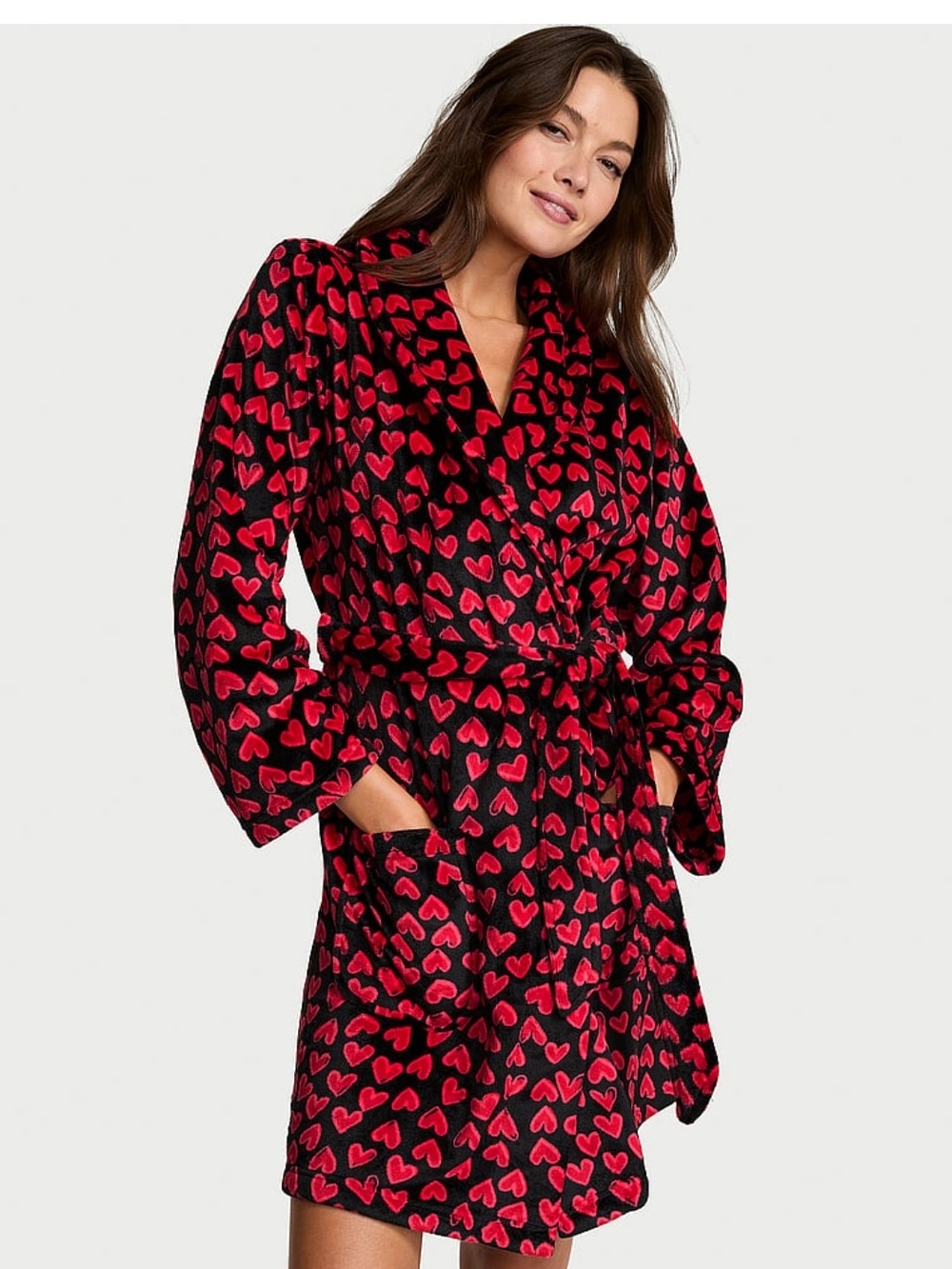 Victoria Secret Plush Heart Print Wrap Robe - Red & Black